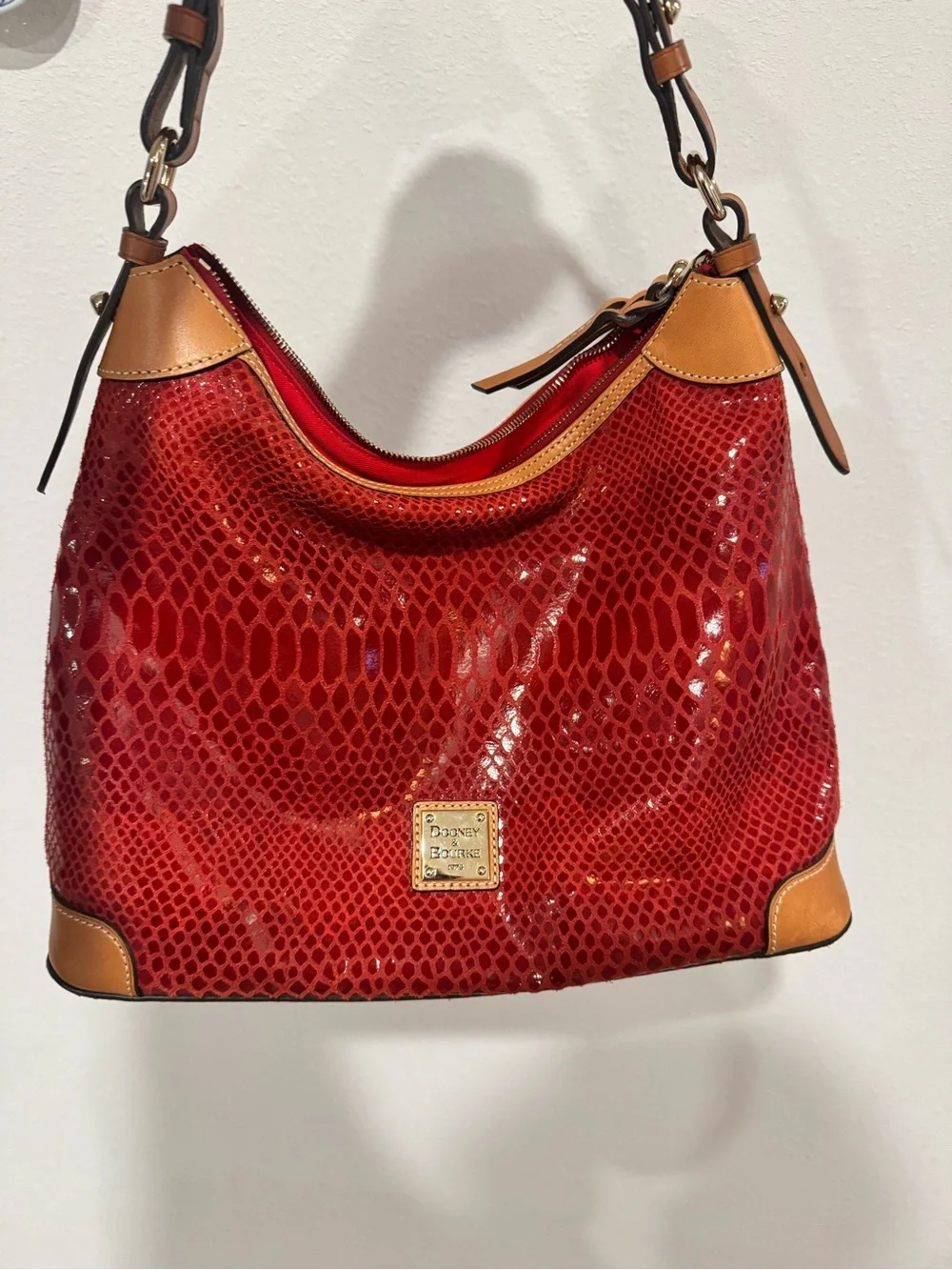 Dooney & Bourke Red Snake-Embossed Hobo with Tan Trim